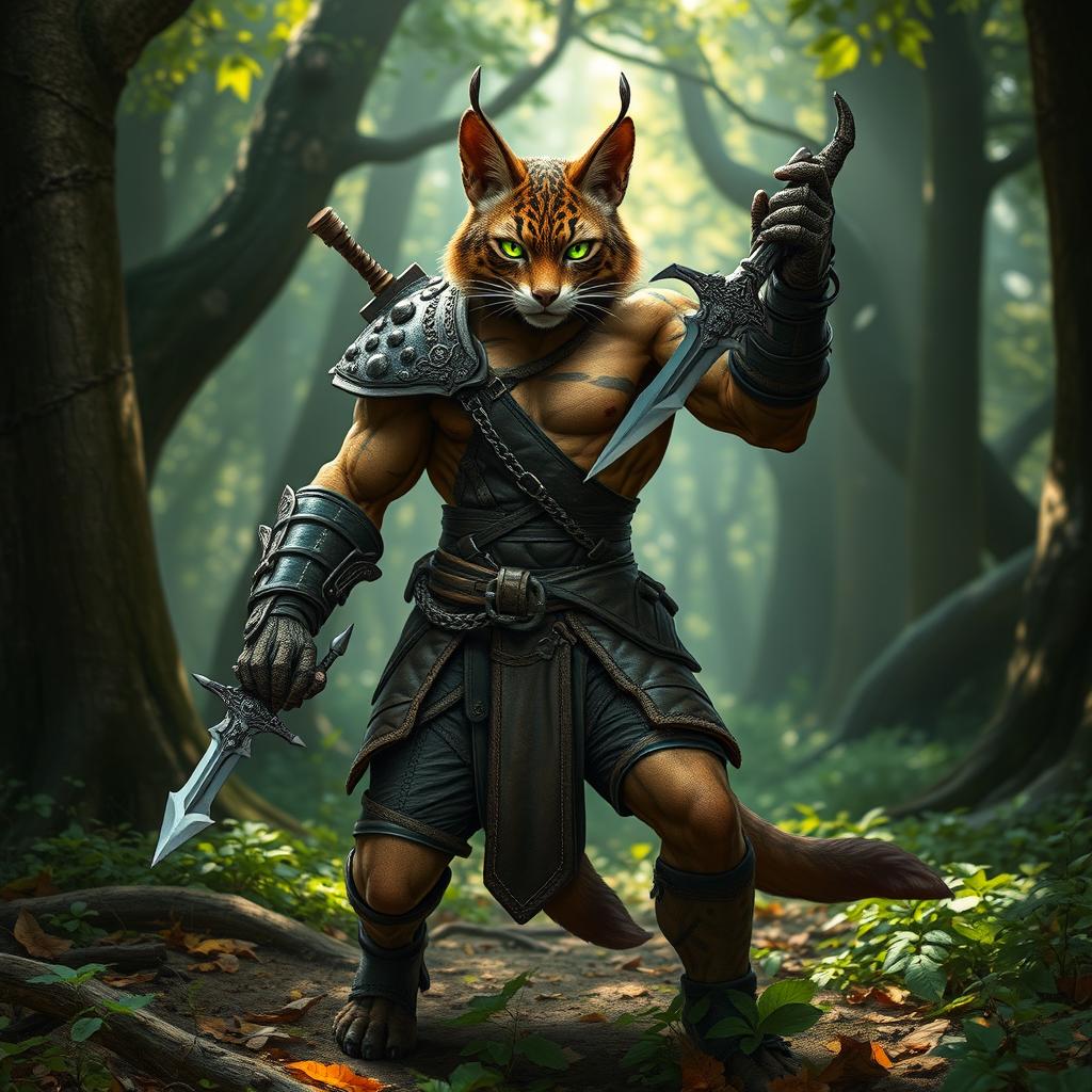 A fierce tabaxi fighter, showcasing a muscular build, standing confidently in sleek leather armor