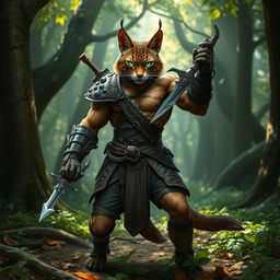 A fierce tabaxi fighter, showcasing a muscular build, standing confidently in sleek leather armor