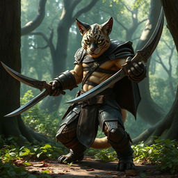 A fierce tabaxi fighter, showcasing a muscular build, standing confidently in sleek leather armor