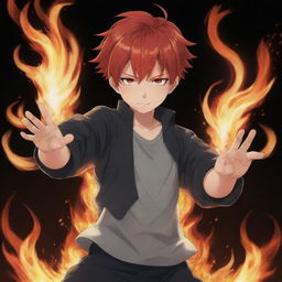 A youthful boy anime character, designed in Japanese anime style with fiery red hair, showcasing a dramatic fire technique. Flames dance from his outstretched hands.