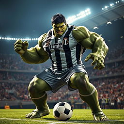 A striking depiction of the Hulk dressed in the Timão (Corinthians) football team uniform, showcasing his massive and muscular build