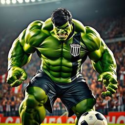 A striking depiction of the Hulk dressed in the Timão (Corinthians) football team uniform, showcasing his massive and muscular build