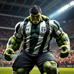 A striking depiction of the Hulk dressed in the Timão (Corinthians) football team uniform, showcasing his massive and muscular build