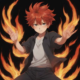 A youthful boy anime character, designed in Japanese anime style with fiery red hair, showcasing a dramatic fire technique. Flames dance from his outstretched hands.