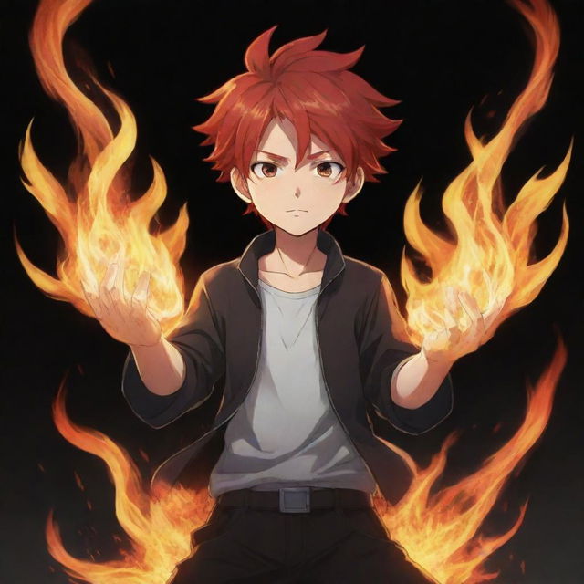 A youthful boy anime character, designed in Japanese anime style with fiery red hair, showcasing a dramatic fire technique. Flames dance from his outstretched hands.