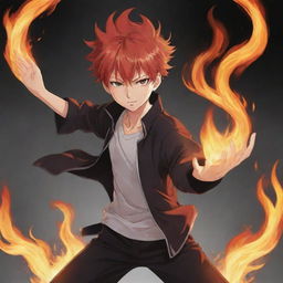 A youthful boy anime character, designed in Japanese anime style with fiery red hair, showcasing a dramatic fire technique. Flames dance from his outstretched hands.