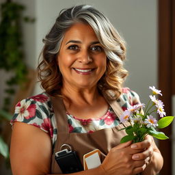 A portrait of a 55-year-old Latina woman with bronze skin, wavy brown hair that starts to show some gray highlights