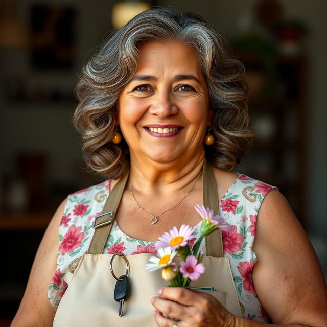 A portrait of a 55-year-old Latina woman with bronze skin, wavy brown hair that starts to show some gray highlights