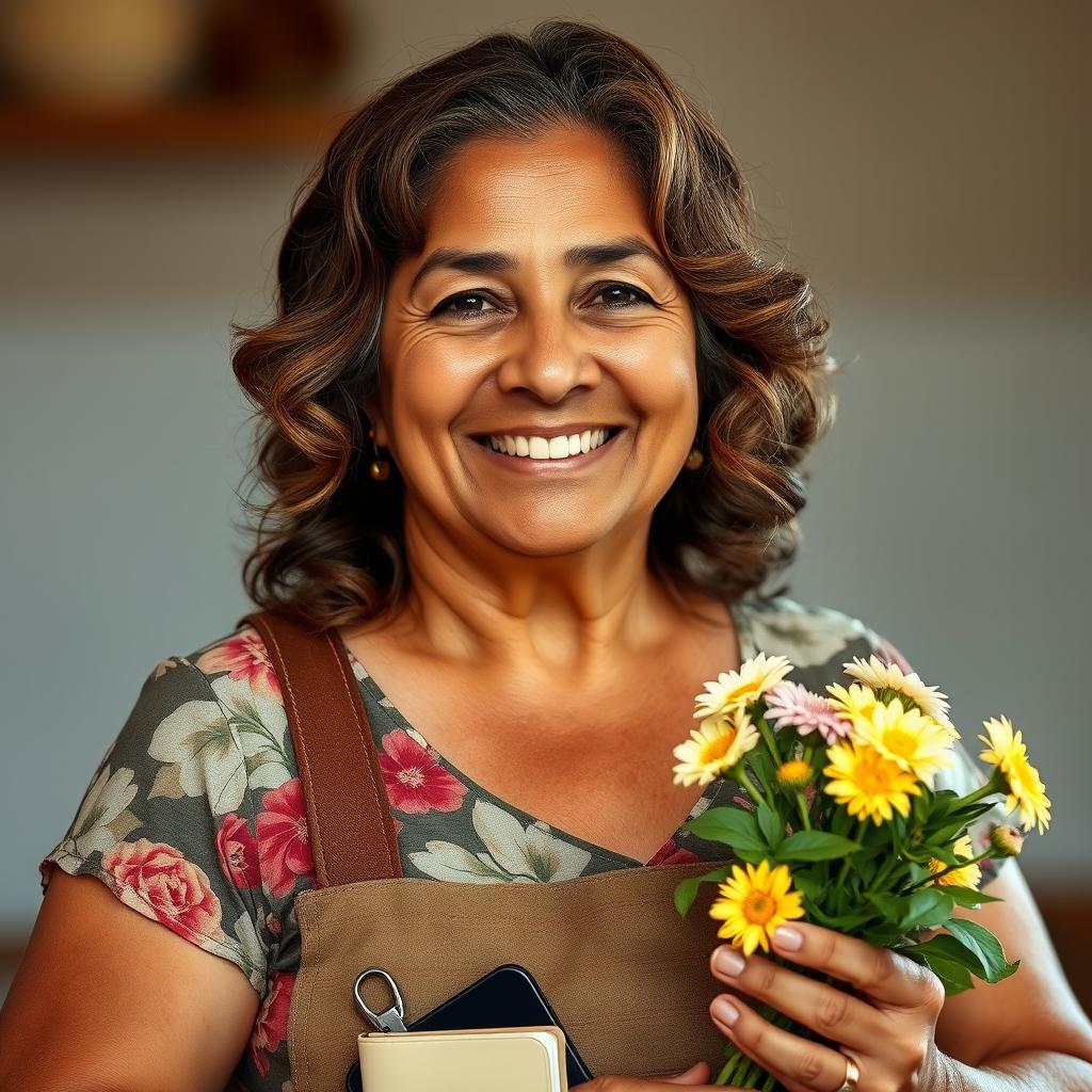 A portrait of a 55-year-old Latina woman with bronze skin, wavy brown hair that starts to show some gray highlights