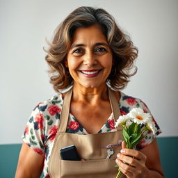 A portrait of a 55-year-old Latina woman with bronze skin, wavy brown hair that starts to show some gray highlights