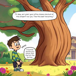 In a lively scene, Buster and Sophie are having a conversation under a large, colorful tree in a bright, cheerful setting