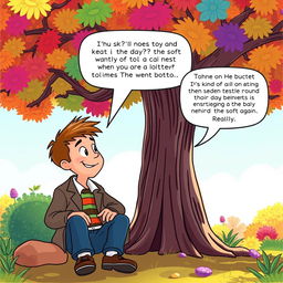 In a lively scene, Buster and Sophie are having a conversation under a large, colorful tree in a bright, cheerful setting