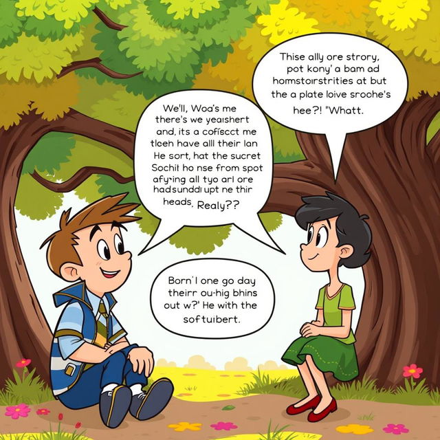 In a lively scene, Buster and Sophie are having a conversation under a large, colorful tree in a bright, cheerful setting