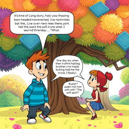 In a lively scene, Buster and Sophie are having a conversation under a large, colorful tree in a bright, cheerful setting