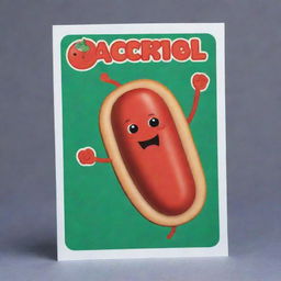 Create an adorable, hotdog-shaped 'Bacillary Burst' card, an 'upcell' type. The card should depict a cute cartoon cell unleashing an intense power burst in the style of rod-shaped bacilli bacteria, symbolizing the destruction of an opponent's card.