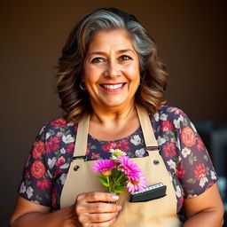 A portrait of a 55-year-old Latina woman with bronze skin, wavy brown hair that begins to exhibit some gray streaks