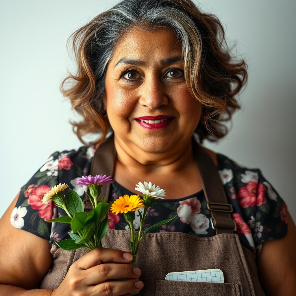 A portrait of a 55-year-old Latina woman with bronze skin, wavy brown hair that begins to exhibit some gray streaks