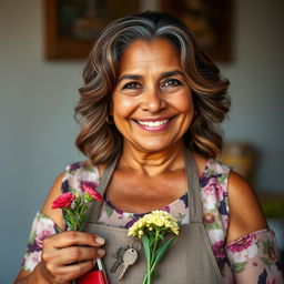 A portrait of a 55-year-old Latina woman with bronze skin, wavy brown hair that begins to exhibit some gray streaks