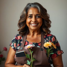 A portrait of a 55-year-old Latina woman with bronze skin, wavy brown hair that begins to exhibit some gray streaks