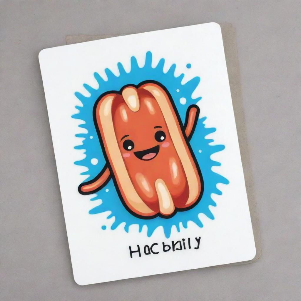 Create an adorable, hotdog-shaped 'Bacillary Burst' card, an 'upcell' type. The card should depict a cute cartoon cell unleashing an intense power burst in the style of rod-shaped bacilli bacteria, symbolizing the destruction of an opponent's card.