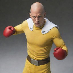 Saitama from One Punch Man, wearing his characteristic yellow jumpsuit and red gloves, with his bald head shining and a nonchalant expression on his face.