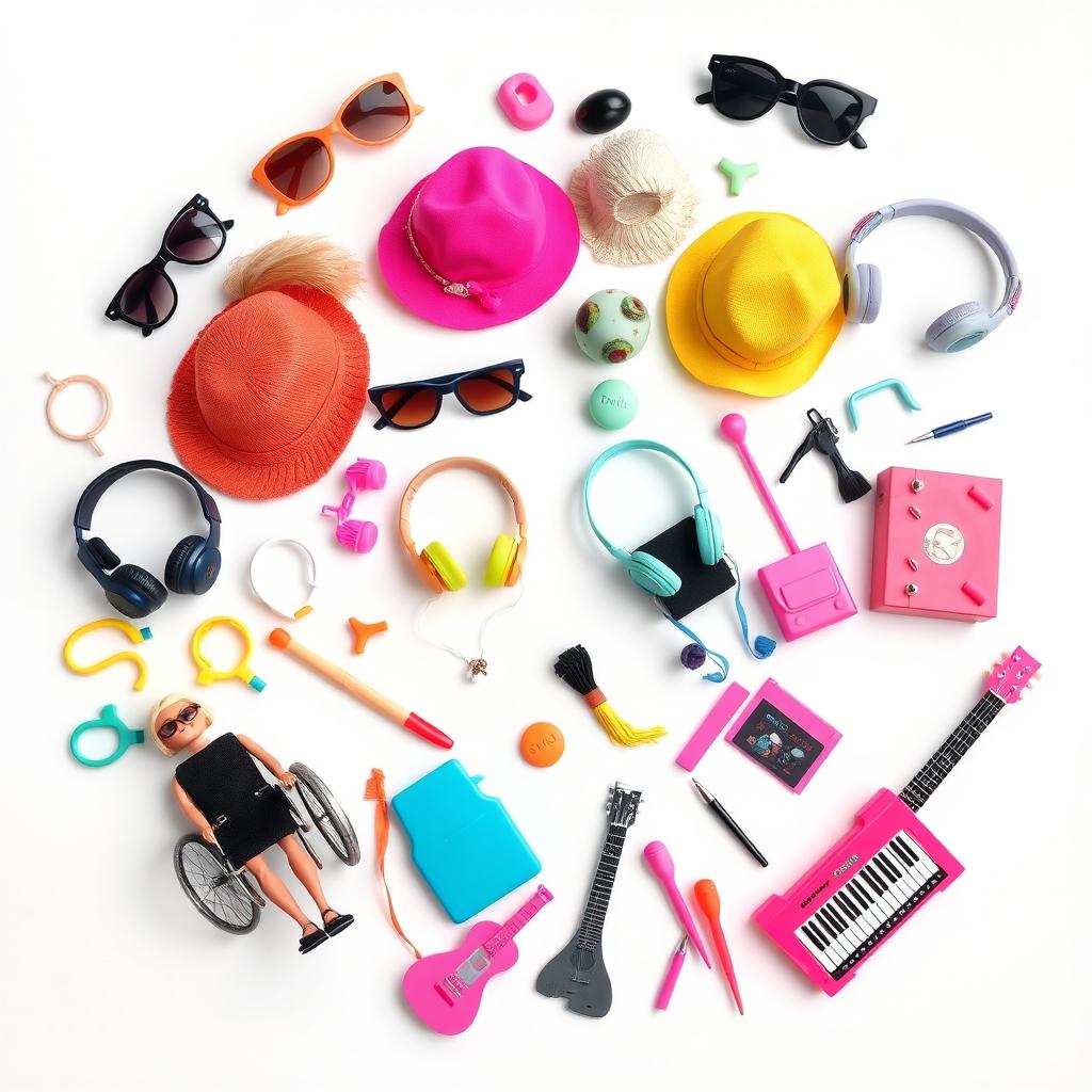 A vibrant arrangement of various accessories for Barbie dolls scattered artistically on a clean white background