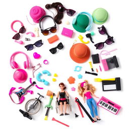 A vibrant arrangement of various accessories for Barbie dolls scattered artistically on a clean white background