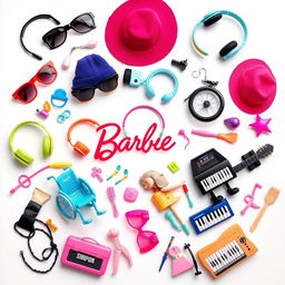 A vibrant arrangement of various accessories for Barbie dolls scattered artistically on a clean white background