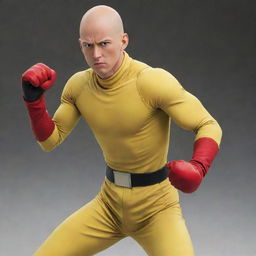 Saitama from One Punch Man, wearing his characteristic yellow jumpsuit and red gloves, with his bald head shining and a nonchalant expression on his face.