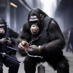 An action-packed scene of tactically trained chimps, wearing minimal gear, skillfully handcuffing a criminal, with police dogs in the vicinity