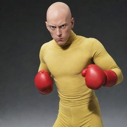 Saitama from One Punch Man, wearing his characteristic yellow jumpsuit and red gloves, with his bald head shining and a nonchalant expression on his face.