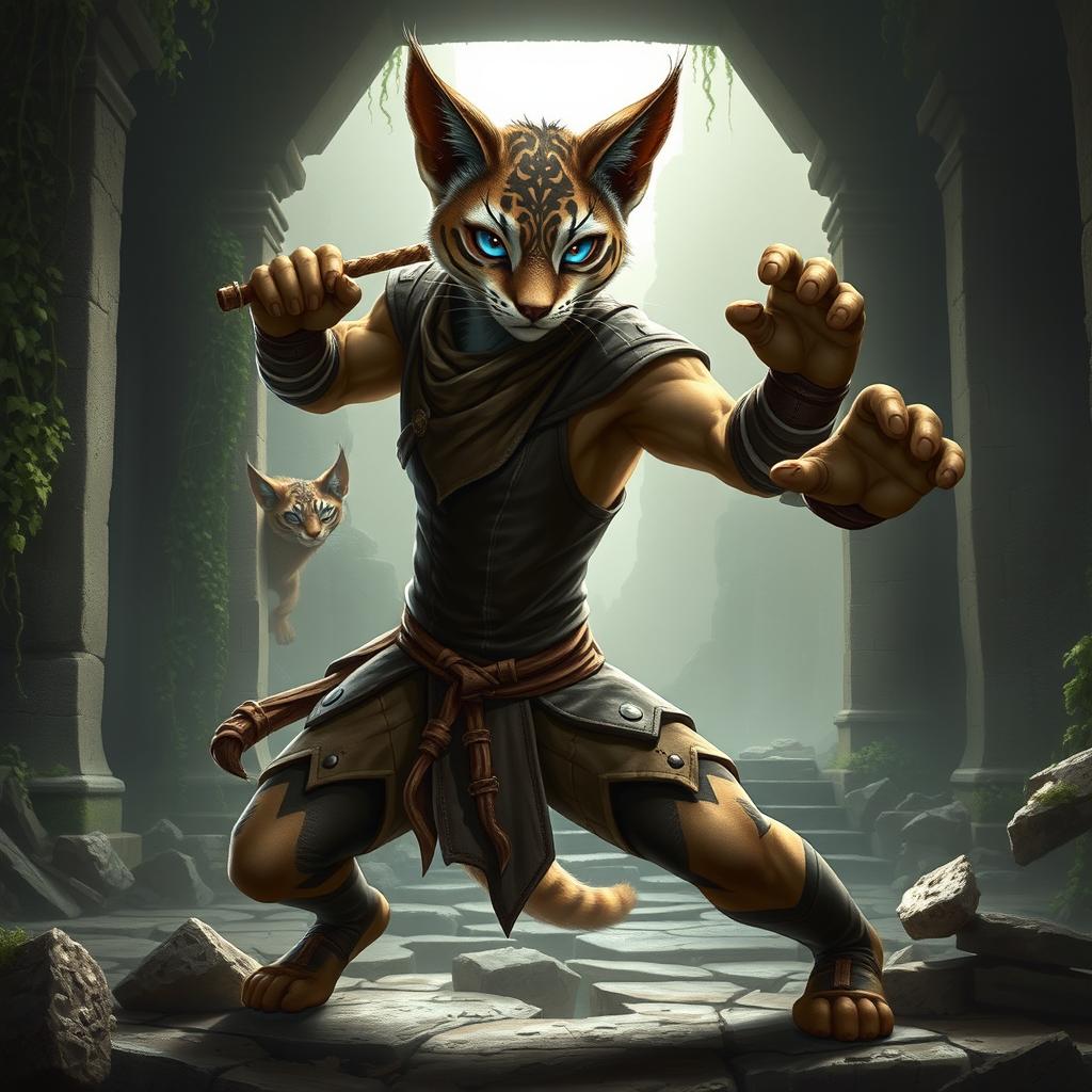 A dynamic tabaxi fighter in a battle-ready stance, showcasing their athletic build and quick reflexes, dressed in sleek leather armor that complements their agile frame