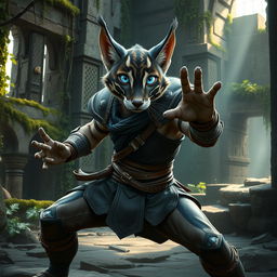 A dynamic tabaxi fighter in a battle-ready stance, showcasing their athletic build and quick reflexes, dressed in sleek leather armor that complements their agile frame