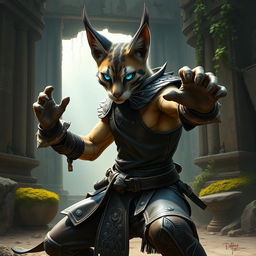 A dynamic tabaxi fighter in a battle-ready stance, showcasing their athletic build and quick reflexes, dressed in sleek leather armor that complements their agile frame