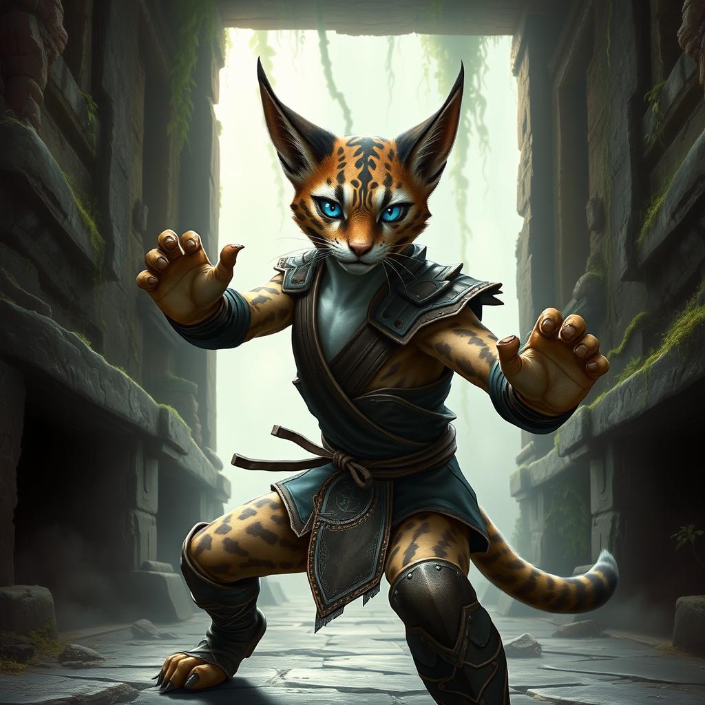 A dynamic tabaxi fighter in a battle-ready stance, showcasing their athletic build and quick reflexes, dressed in sleek leather armor that complements their agile frame