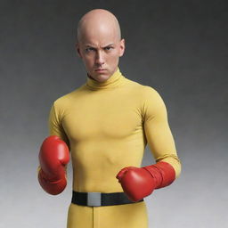 Saitama from One Punch Man, wearing his characteristic yellow jumpsuit and red gloves, with his bald head shining and a nonchalant expression on his face.