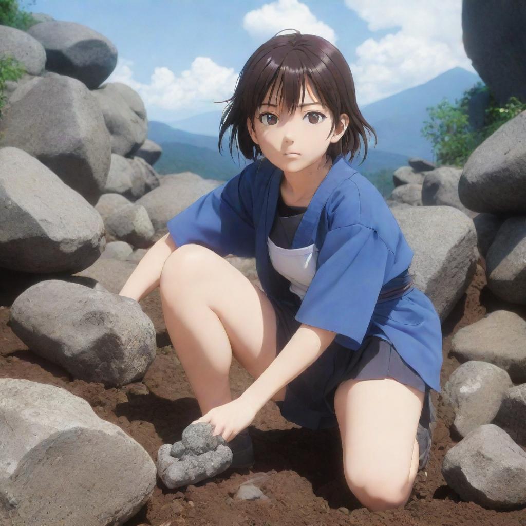 A determined girl anime character in Japanese anime style, utilizing her powerful earth-control techniques, with rocks and soil lifting around her.