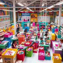 An expansive, colorful Barbie factory scene set in Mexico, showcasing a vibrant and busy manufacturing environment