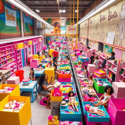 An expansive, colorful Barbie factory scene set in Mexico, showcasing a vibrant and busy manufacturing environment