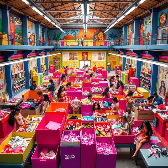 An expansive, colorful Barbie factory scene set in Mexico, showcasing a vibrant and busy manufacturing environment