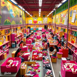 An expansive, colorful Barbie factory scene set in Mexico, showcasing a vibrant and busy manufacturing environment