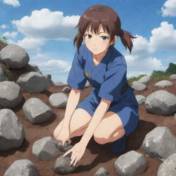 A determined girl anime character in Japanese anime style, utilizing her powerful earth-control techniques, with rocks and soil lifting around her.