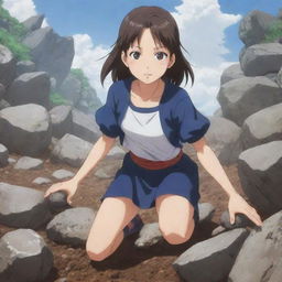 A determined girl anime character in Japanese anime style, utilizing her powerful earth-control techniques, with rocks and soil lifting around her.