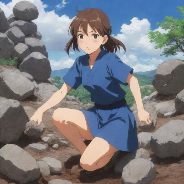 A determined girl anime character in Japanese anime style, utilizing her powerful earth-control techniques, with rocks and soil lifting around her.