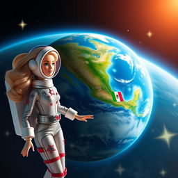 A visually stunning depiction of a Barbie doll representing Planet Earth, viewed from space and highlighting Mexico on the map