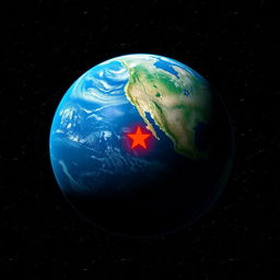 An artistic representation of Planet Earth viewed from space, highlighting Mexico with a prominent red star on the map