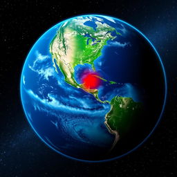 An artistic representation of Planet Earth viewed from space, highlighting Mexico with a prominent red star on the map