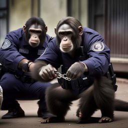 An action-packed scene of tactically trained chimps, wearing minimal gear, skillfully handcuffing a criminal, with police dogs in the vicinity