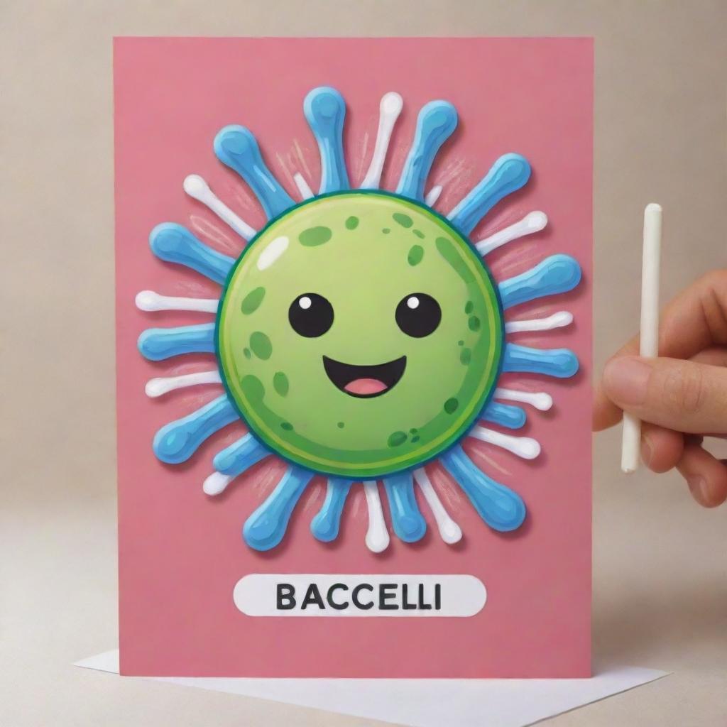 Design a cute, rod-shaped 'Bacillary Burst' card, an 'upcell' type. Illustrate the card as an endearing cartoon cell discharging a powerful energy burst, symbolizing a bacilli bacteria, emphasizing the sacrifice and destruction of an opponent's card.