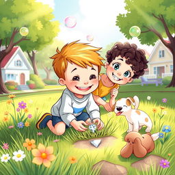 A whimsical and vibrant illustration of a young boy named Buster, with sparkling eyes and a bright smile, kneeling on the ground in a sunlit park